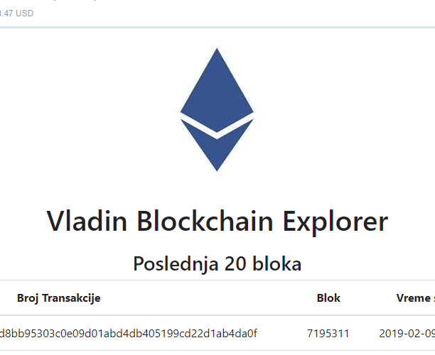 Image for Vladimir Ilic's project Own Ethereum blockchain explorer